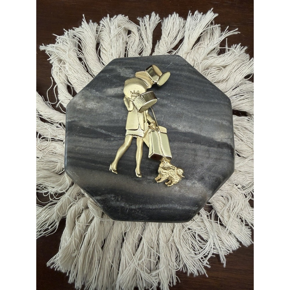 Vintage AJC Gold Tone Matte/Shine Fancy Shopping Lady With Dog Brooch‎